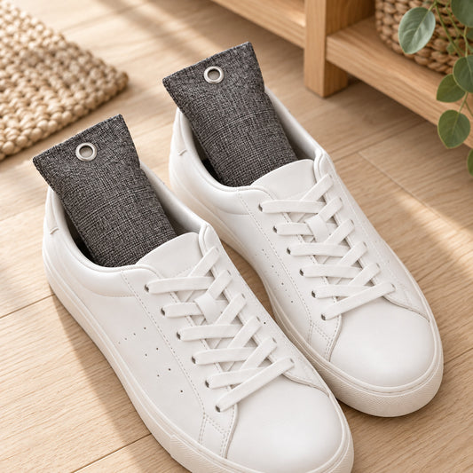 Två aktivt kol-påsar à 100 g av bambukol i ett par vita sneakers – tar bort lukt och fukt i skor