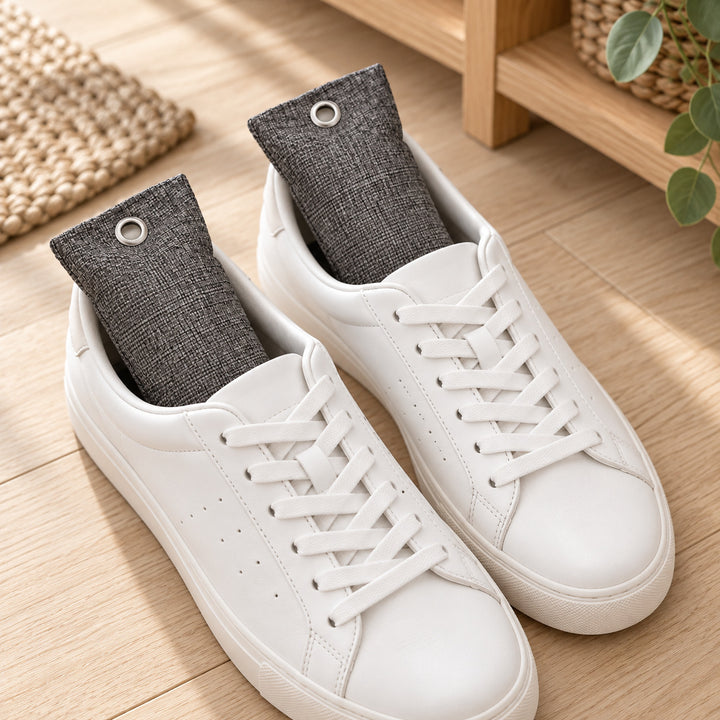 Två aktivt kol-påsar à 100 g av bambukol i ett par vita sneakers – tar bort lukt och fukt i skor